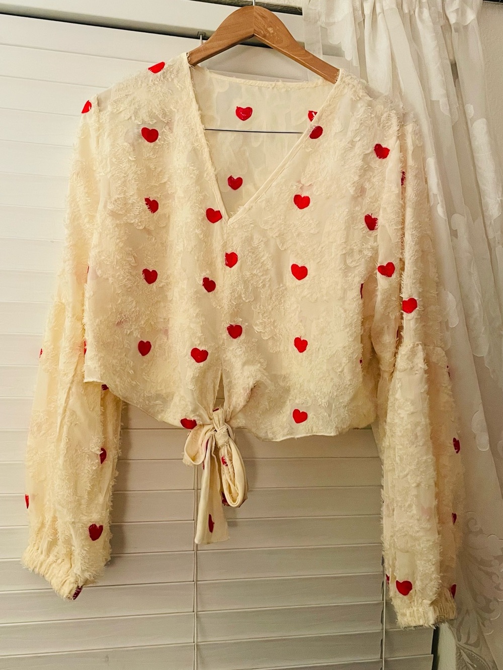 Tie-Front Ivory Blouse with Red Heart Print